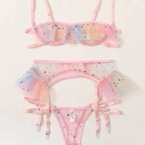 NWOT 3 Piece Pastel Rainbow Star Lingerie Set, Size Medium